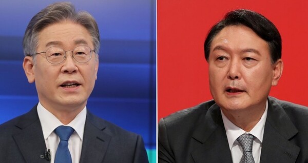 사진은 경선 도중 토론회에 참석한 이재명(왼쪽), 윤석열 대선 후보. / 연합뉴스