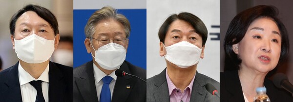 (왼쪽부터) 윤석열 국민의힘 대선후보, 이재명 더불어민주당 대선후보, 안철수 국민의당 대선후보, 심상정 정의당 대선후보. / 연합뉴스