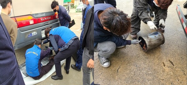 (왼쪽부터) 배출가스저감장치 상태점검 확인, 배출가스저감장치 필터클리닝(교체)하는 모습. / 서울시 제공