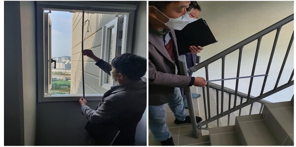 서울시 중랑구 한 아파트에서 공동주택 품질점검단이 대피공간 규격 확인과 계단난단 허용 폭을 측정하는 모습. / 서울시 제공
