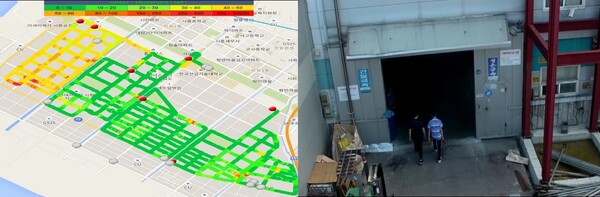 (왼쪽) 고농도 발생지역을 파악한 지도와 단속팀의 현장점검 모습. / 서울시 제공