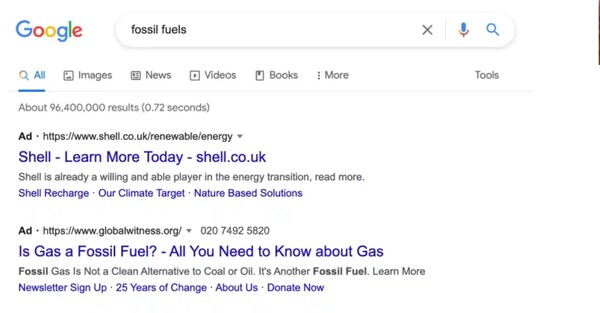 화석연료로 검색했을때 구글광고/가디언 캡쳐