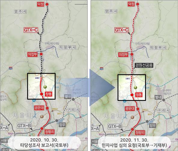 점선은 기존 경원선 공용구간, 실선은 민자사업자 신설구간. 변경된 계획에 따르면 도봉산~창동 구간은 지상에 있는 기존 경원선을 공용해야 한다./오기형 의원실 제공