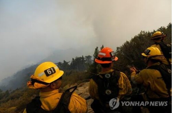 미 캘리포니아 LA에서 발생한 '밥캣 화재' 현장에서 소방관들이 연기 속을 살피고 있다/연합뉴스