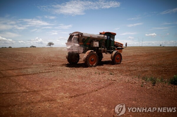 콩 재배지에 트랙터로 비료 뿌리는 브라질 농부/연합뉴스