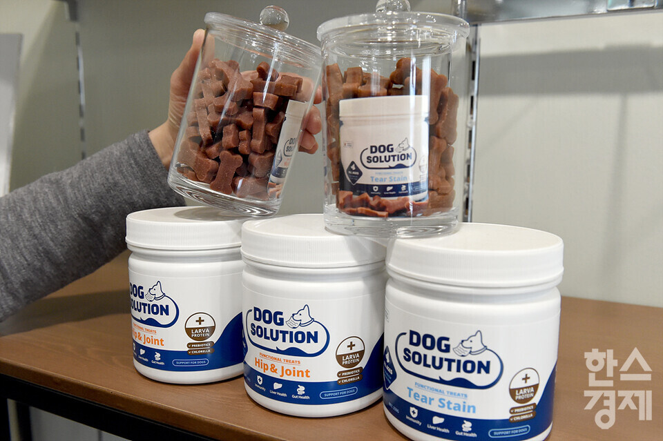 미래 식량인 곤충 유충으로 만들어진 개 사료가 전시돼 있다. /용인곤충테마파크=김근현 기자