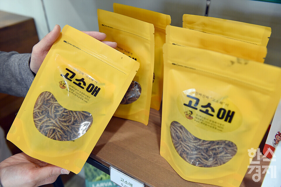 미래 식량으로 손꼽히는 밀웜으로 만든 식품이 전시돼 있다. /용인곤충테마파크=김근현 기자