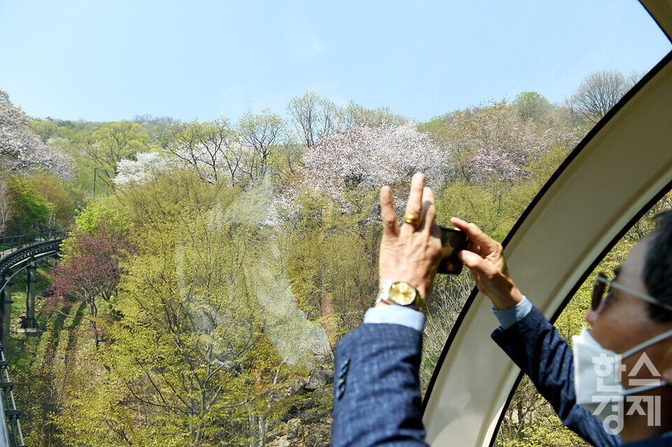 한 시민이 모노레일을 타고 가며 봄의 정취를 휴대폰에 담고 있다. /화담숲=김근현 기자