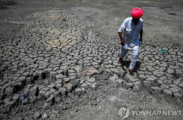 인도 라자스탄주의 한 마을에서 마른 채 바닥을 드러낸 연못/연합뉴스