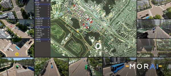 네이버랩스 디지털 트윈 기술로 구축한 실제 서울 상암지역의 정밀지도(HD map) 데이터가 모라이 자율주행 시뮬레이션에 적용된 모습. 사진=네이버클라우드