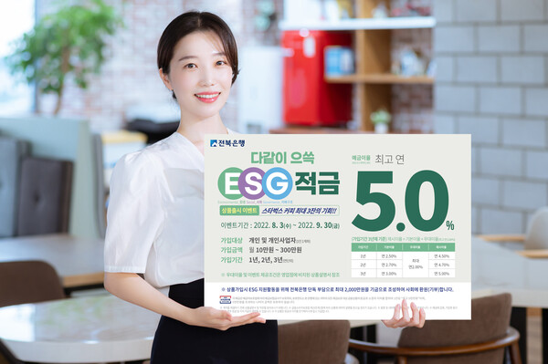 전북은행은 친환경 활동시 우대이율을 제공하는 신상품 ‘JB 다같이 으쓱(ESG) 적금’을 출시한다. /전북은행 제공