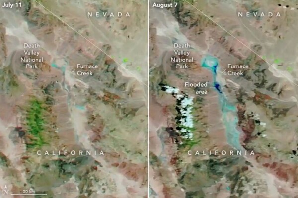 지난 7월 11일(왼쪽)과 8월 7일 인공위성 사진으로 비교한 데스밸리 국립공원.(가디언 캡처)