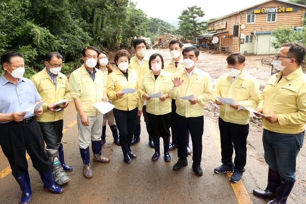 광주시 남한산성로 침수피해 현장 방문에는 남경순(국민의힘, 수원1) 부의장과 남종섭 더불어민주당 대표의원(용인3), 곽미숙 국민의힘 대표의원(고양6), 안계일 안전행정위원장(국민의힘, 성남7)을 비롯해 광주지역 도의원(유영두.임창휘.오창준.유형진)과 비례대표(김선영.이자형)가 함께 했다./ 경기도의회 제공