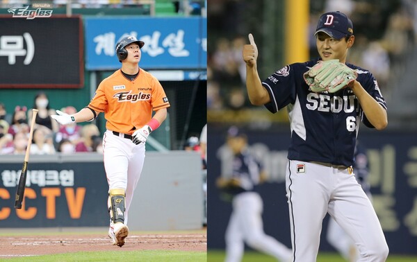한화 이글스 김인환(왼쪽)과 두산 베어스 정철원. /한화, 두산 제공