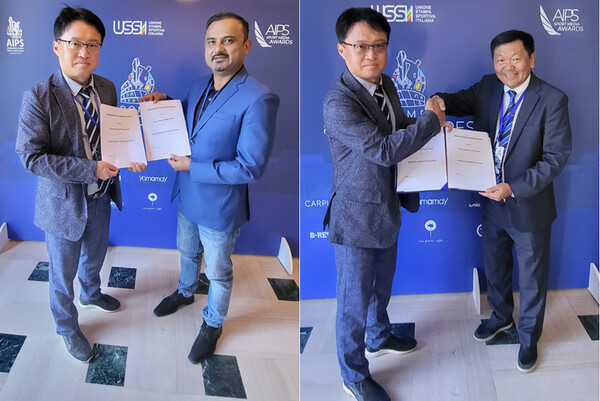 양종구(왼쪽) 한국체육기자연맹 회장이 5일 업무협약식을 마친 후 네팔체육기자연맹 두르가 나스 회장, 몽골체육기자연맹 비암바 차간바타르 회장과 기념 촬영을 하고 있다. /한국체육기자연맹 제공