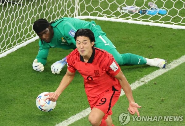 K리그 득점왕 조규성(24·전북 현대)이 가나와의 2차전에서 멀티골을 기록했다. / 연합뉴스