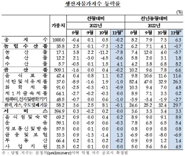 한국은행이 22일 발표한 '2022년 11월 생산자물가지수'에 따르면 지난달 생산자물가지수는 전월 대비 0.2% 하락한 120.42(2015년=100)를 기록했다. /한국은행 제공