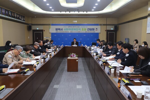 이날 간담회에는 이윤하 특위위원장을 비롯한 위원들과 사회적경제조직 관계자 등 20여 명이 참석했다. / 평택시의회 제공