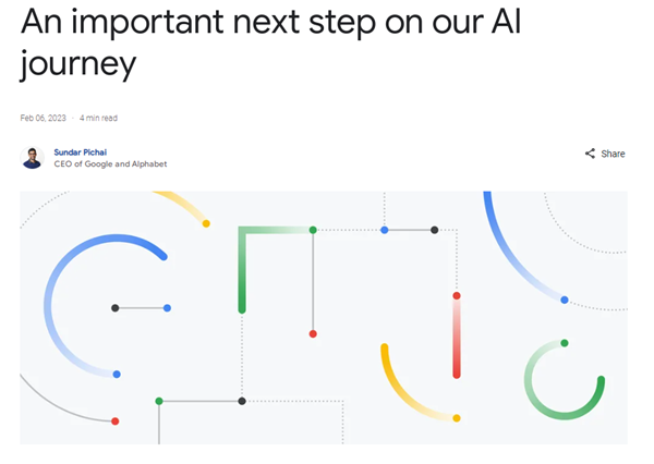 인공지능 서비스 '바드'를 발표하는 순다르 피차르 구글 CEO / 구글 공식 블로그 캡처