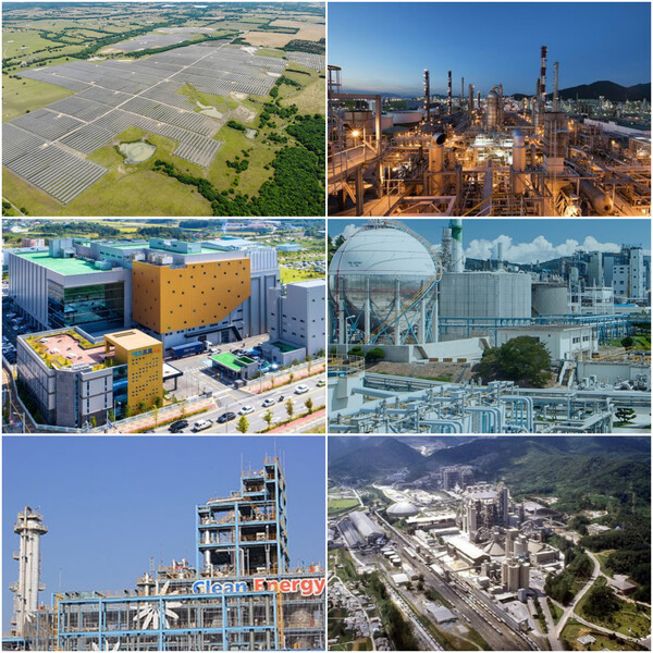 한화솔루션이 건설한 미국 텍사스주 태양광 발전소, 롯데케미칼 여수공장, 롯데정밀화학, 쌍용C&E 동해공장, OCI 군산공장, 에코프로비엠(왼쪽 위부터 시계 방향). / 각 사 제공.