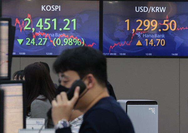 17일 코스피는 원/달러 환율이 1300원 바로 밑에서 마감한 가운데 기관의 순매도로 인해 1% 가량 하락 마감했다. /연합뉴스