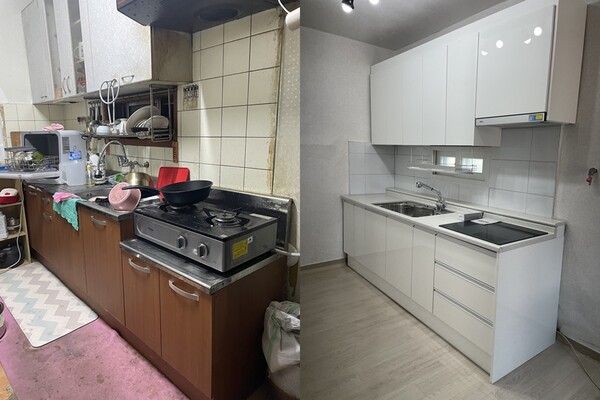 신박한 에너지 정리 수혜가정의 에너지효율 개선공사 전 모습(왼쪽)과 개선공사를 완료한 모습. / 동서발전 제공 