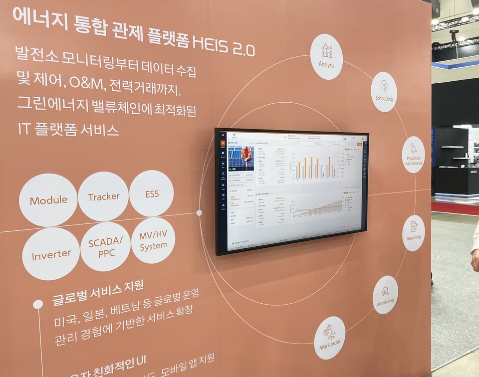 지난달 12~14일 사흘간 대구 엑스코(EXCO)에서 개최된 제20회 국제그린에너지엑스포에 참가한 한화컨버전스의 부스에 에너지 통합관제 플랫폼 'HEIS 2.0'을 소개하는 내용이 전시돼 있다. 