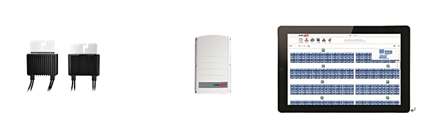 MLPE솔루션. (왼쪽부터 파워옵티마이저, 태양광 인버터, 모듈 단위 모니터링) / 솔라엣지 제공 