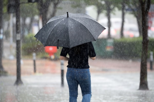 11일 오후 광주 서구 치평동에서 한 시민이 우산을 쓰고 거리를 걷고 있다. / 연합뉴스