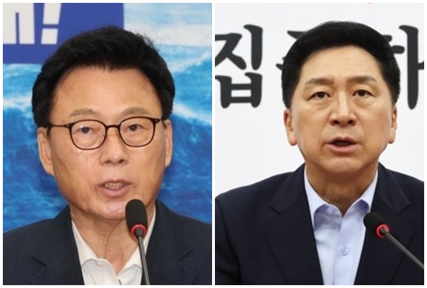 박광온(왼쪽) 더불어민주당 원내대표와 김기현 국민의힘 대표의 모습이다. /연합뉴스