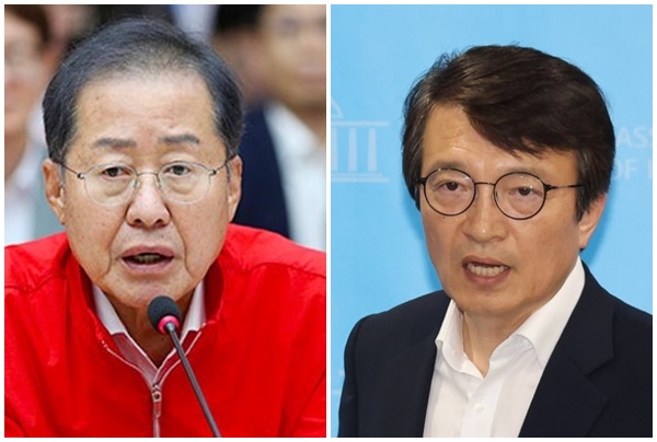 홍준표(왼쪽) 대구시장과 김의겸 민주당 의원의 모습이다. /연합뉴스