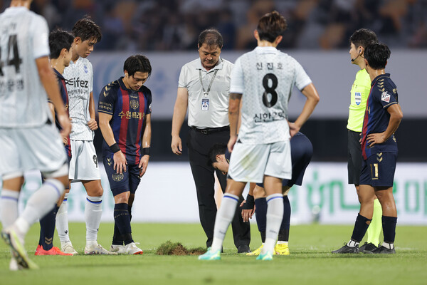 경기 중 잔디에서 문제가 발생했다. /한국프로축구연맹 제공