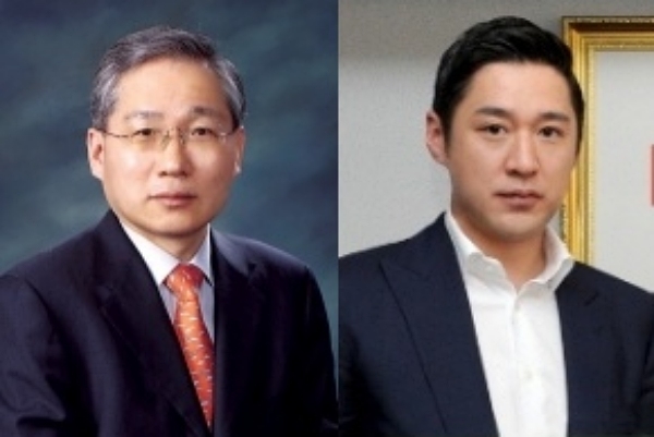 윤도준 동화약품 회장(왼쪽)과 장남 윤인호 부사장. /동화약품 제공