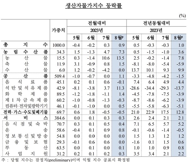 20일 한국은행이 발표한 ‘2023년 8월 생산자물가지수’에 따르면 8월 생산자물가지수는 126.16(2015년=100)으로 7월 대비 0.9% 상승했다. /한국은행