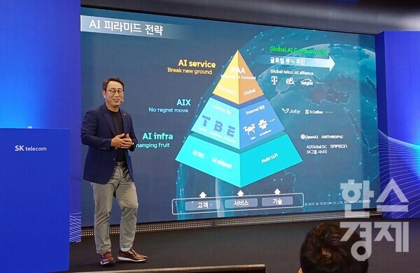 SKT 유영상 대표가 26일 SK T타워 수펙스홀에서 열린 ‘SKT AI 사업전략 기자간담회’에서  ‘AI 피라미드 전략’을 발표하고 있다. / 조나리 기자