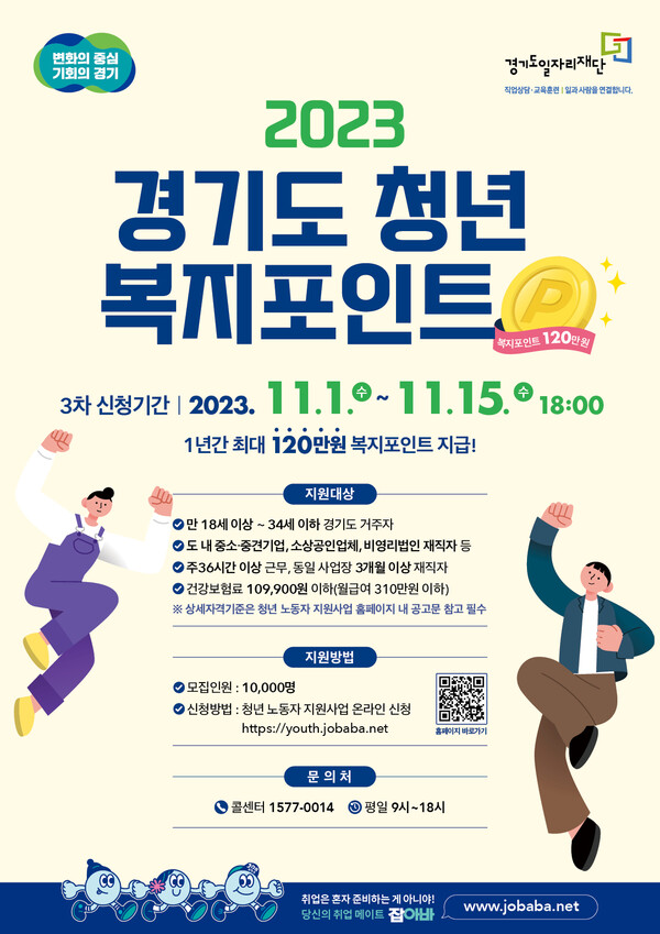 경기도(지사 김동연)가 ‘청년 복지포인트’ 3차 참여자 1만 명을 11월 1일부터 15일까지 공개 모집한다./ 경기도 제공