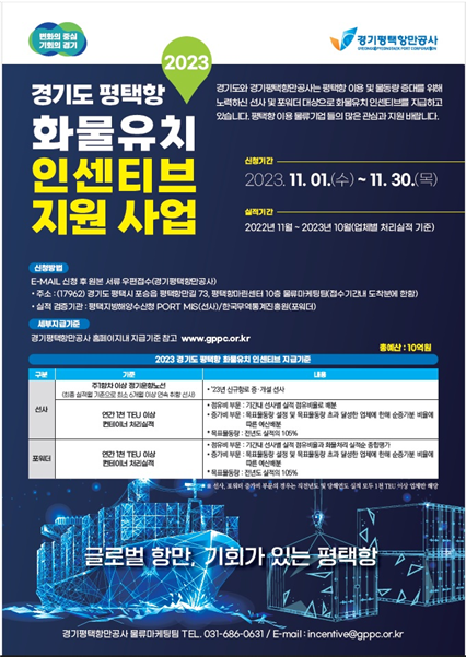 경기평택항만공사는 평택항 물동량 창출에 기여한 수출·입 선사 및 포워더, 항로개설 선사를 대상으로 「2023년 경기도 평택항 화물유치 인센티브」지원 신청 접수를 받는다./ 경기평택항만공사 제공