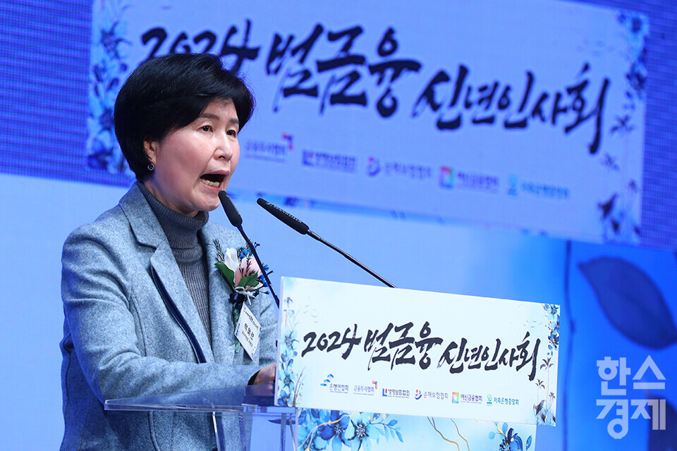 백혜련 국회 정무위원장이 3일 오후 서울 소공동 롯데호텔에서 열린 2024 범금융 신년인사회에 참석해 격려사를 하고 있다. /최대성 기자 dpdaesung@sporbiz.co.kr 2024.01.03.[공동취재]