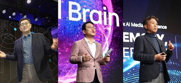 (왼쪽부터)한종희 삼성전자 부회장과 조주완 LG전자 사장, 곽노정 SK하이닉스 사장이 미국 라스베이거스에서 열린 CES 2024에 참석, 자사 AI 기술 역량을 발표하고 있다. 