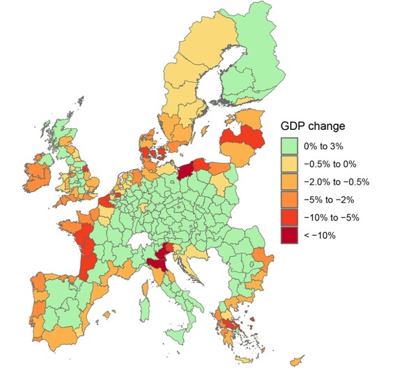 해수면 상승에 따른 유럽 국내총생산(GDP) 변화. / 논문 '기후에 따른 해수면 상승으로 인한 유럽 지역의 경제적 피해 분포' 갈무리. 