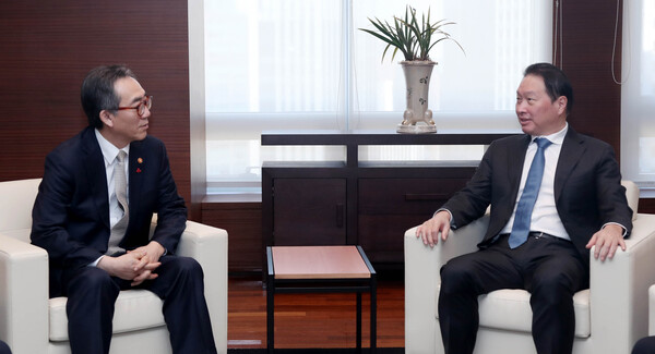 최태원 대한상공회의소 회장이 24일 서울 중구 대한상의 회관에서 조태열 외교부 장관과 면담했다. / 대한상의