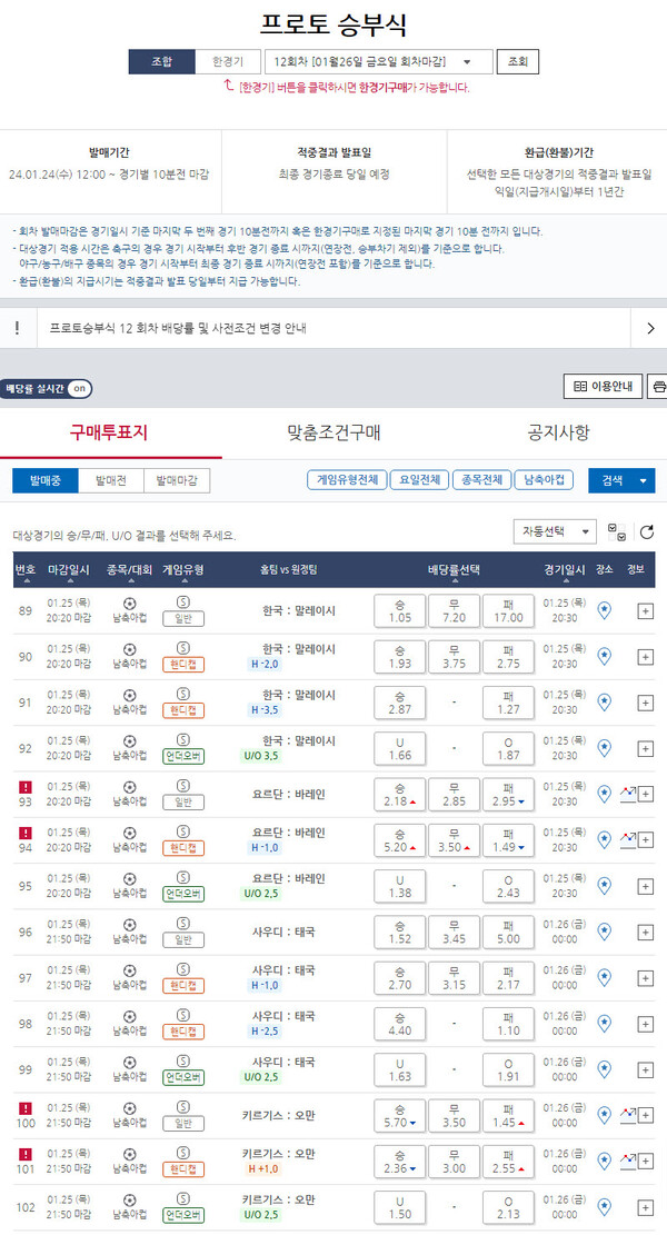 프로토 승부식 12회차 아시안컵 대상 게임 일정. /스포츠토토코리아 제공