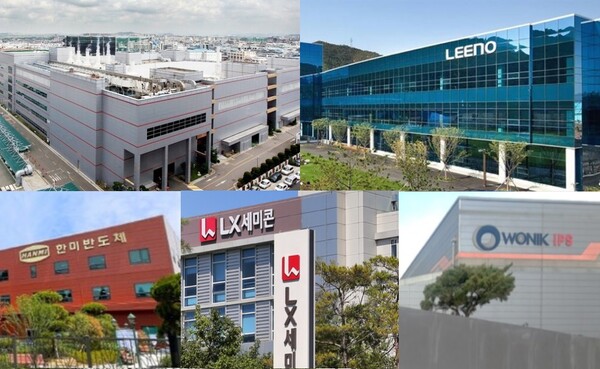 (왼쪽 위부터 시계방향) DB하이텍 부천캠퍼스, 리노공업, 원익IPS, LX세미콘 대전캠퍼스, 한미반도체 마이크로 쏘 전용 공장. / 각 사 제공. 