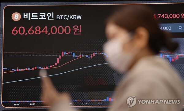 가상화폐 대장주 비트코인이 7일(현지시간) 미 증시 상승에 힘입어 껑충 뛰며 4만4천달러선을 회복한 지난 8일 오전 서울 서초구 빗썸 고객센터 전광판에 비트코인 가격이 표시돼 있다. /연합뉴스