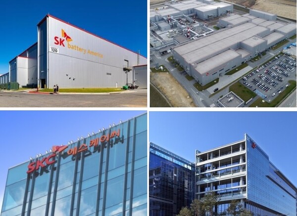(왼쪽 위부터 시계방향). SK이노베이션, SK아이이테크놀로지 폴란드 분리막 생산공장, SK케미칼, SKC. / 각 사 제공. 