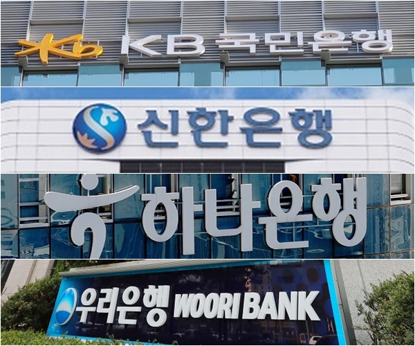 27일 한국거래소에 따르면 이날 오후 1시 29분 기준 ‘KRX 은행’ 지수는 전 거래일 대비 1.26% 오른 780.49를 기록 중이다. /KB국민·신한·우리은행 제공, 한스경제 DB 