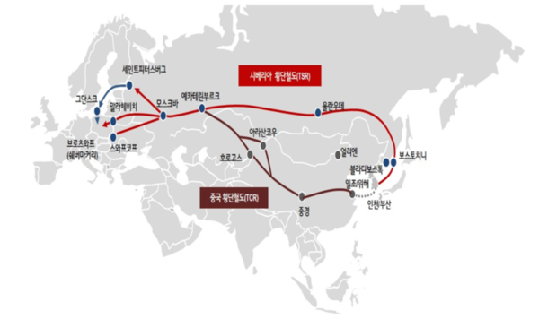  시베리아 횡단철도(TSR)와 중국유럽 횡단철도(TCR) 노선도 / 한국무역협회 제공