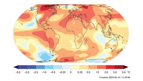 2023년 지구 표면의 평균 기온.(1991~2020년 평균과의 차이) / WMO 보고서 갈무리. 