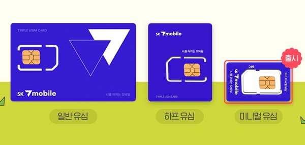 (왼쪽부터) SK 세븐모바일 일반유심과 하프유심, 미니멀유심 크기 비교 사진.