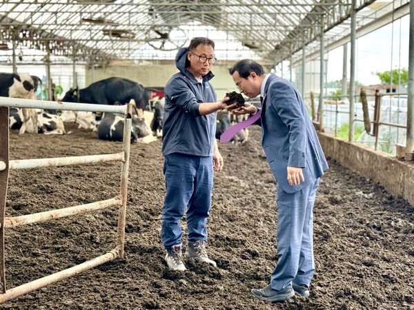 이오수 의원은 ‘송영신목장’의 시설을 둘러보고, 피트모스를 도입하게 된 계기, 활용 방법, 악취 개선 및 경영비 절감 효과 등을 물으며 피트모스의 실용화를 위한 사항들을 세심하게 점검했다./ 경기도의회 제공